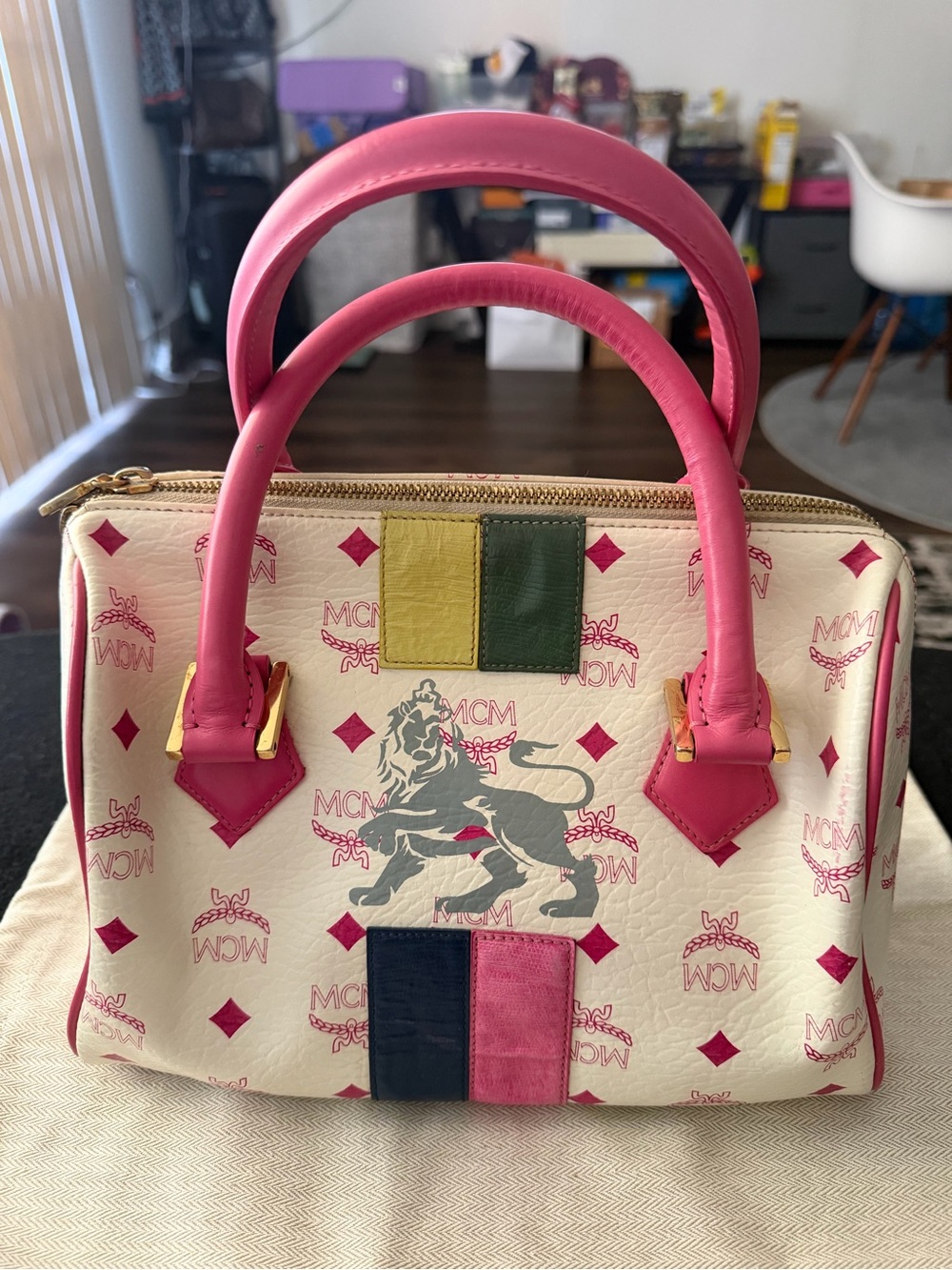 MCM White Satchel with Pink Handles and Multicolor Stripe Panels